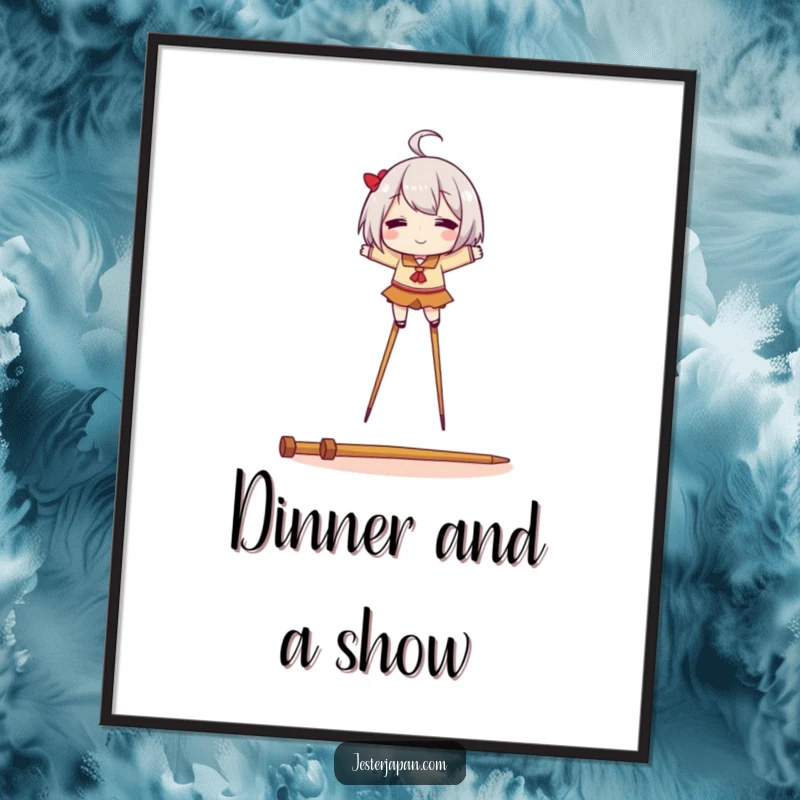 Funny poster illustrating a character's delightful balance on stilts fashioned from chopsticks, adding a humorous visual.