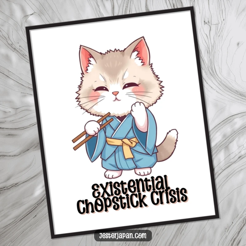 Funny Cat Kimono Poster: A fluffy cat in a blue kimono comically struggles with chopsticks, food flying, creating a hilarious, eye-catching art piece.