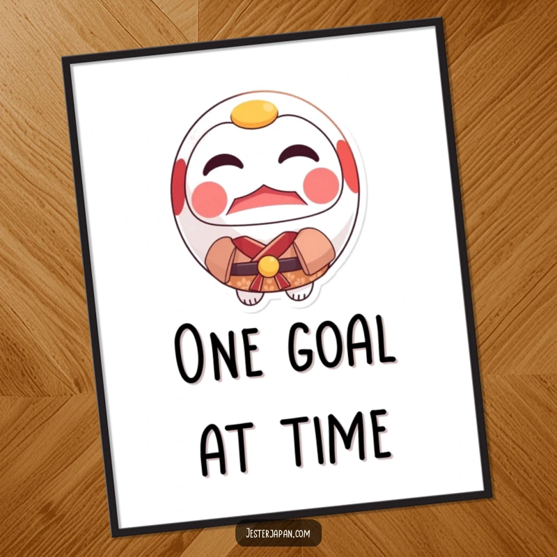 Funny Daruma Kimono Poster displaying a proud, resolute Daruma doll in a miniature kimono, a symbol of unwavering ambition.