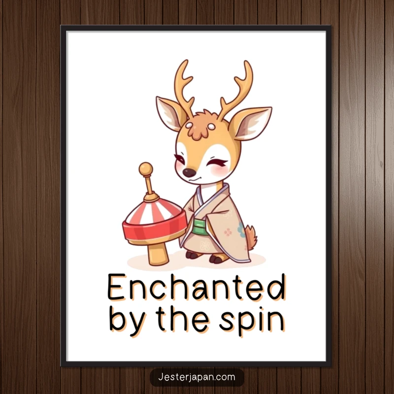 Funny Deer Kimono Poster: A shy deer in a traditional kimono looks with wide-eyed curiosity at a spinning top, creating gentle, humorous art.