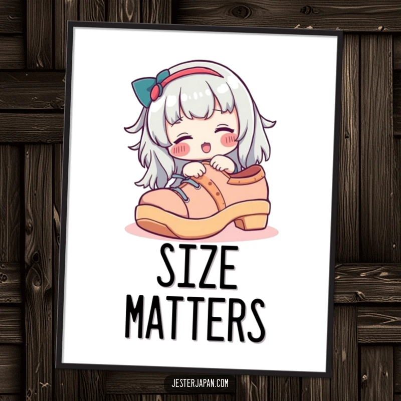 Funny poster of a character with rosy cheeks trying on an oversized geta shoe, adding playful humor to walls.