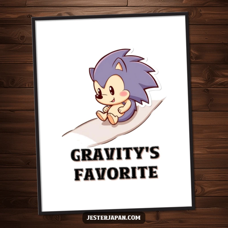 Funny hedgehog with a beaming smile energetically rolling down a hill, showcased as whimsical wall art.