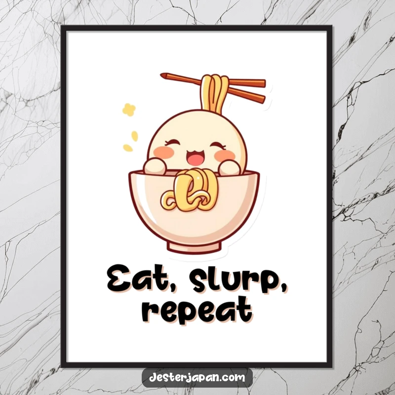 Funny Kawaii poster of a small, round character joyfully slurping noodles from a large bowl, celebrating the simple pleasure of eating humorously.