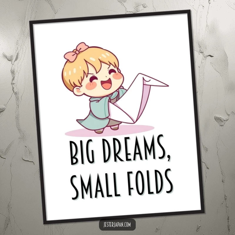 Funny Kawaii poster capturing a cute character joyfully attempting to fold an oversized origami crane, adding a touch of humorous artistic flair.