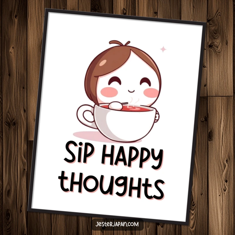 Funny poster showing a Kawaii character peacefully sipping a steaming cup, adding a touch of calm to decor.