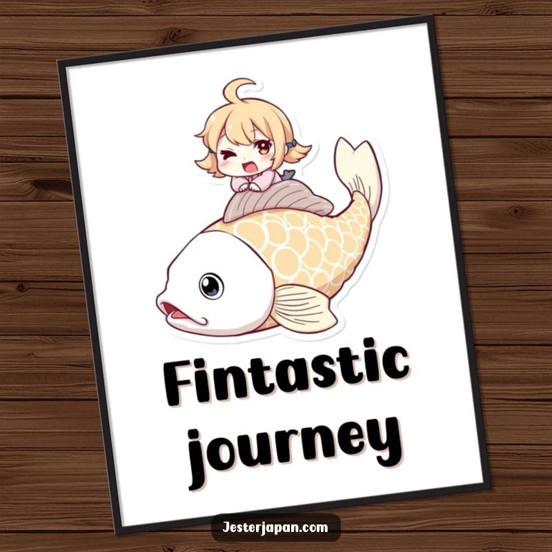 Funny poster art of a character winking cheekily while riding a giant koi fish, creating a surreal and humorous scene.