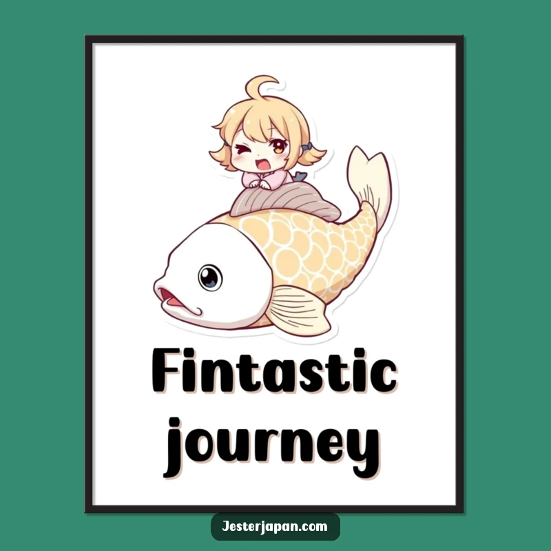 Funny Koi Fish Rider Poster: Whimsical Art, Winking Character, Unique Wall Decor Gift