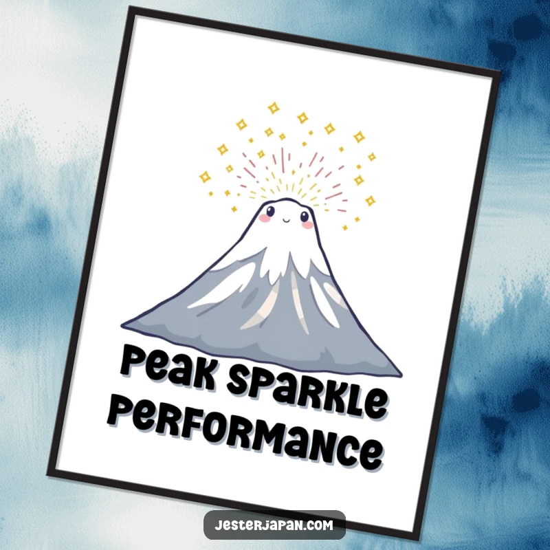 Funny art print of a tiny Mount Fuji character erupting with a colorful shower of dynamic sparkles, adding cheer.