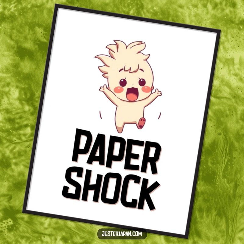 Funny Character Poster: A character startled by a sudden, appearing origami crane, a humorous and artistic display.