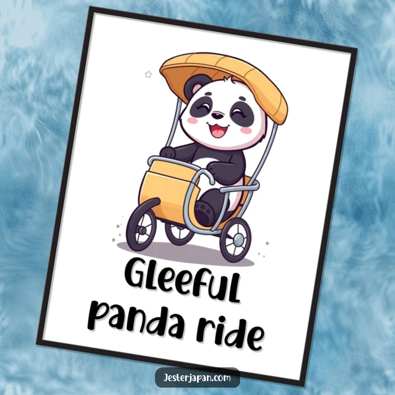 Funny Panda rickshaw poster depicting a smiling character joyfully riding a miniature rickshaw, bringing cheerful and happy vibes.