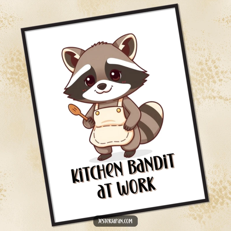 Funny poster depicting a raccoon in a small apron, intently cooking, creating a humorous and artistic kitchen centerpiece.