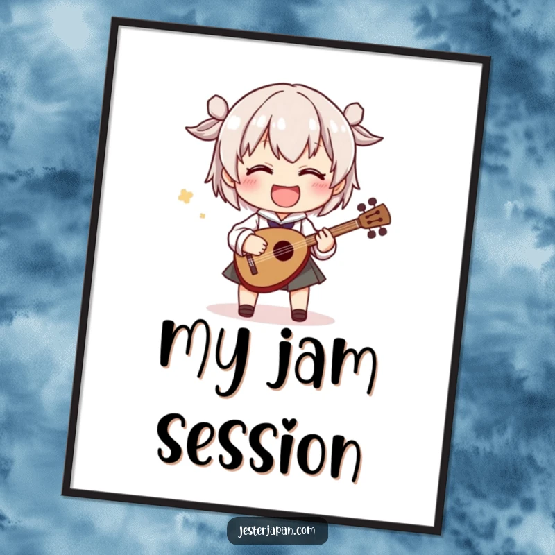 Funny poster capturing a smiling character playing a miniature shamisen with wildly exaggerated, joyful movements, adding a touch of musical comedy.