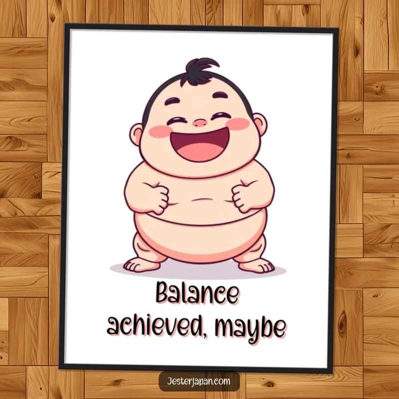 Funny poster print of a character with a big grin striking a sumo wrestling pose, adding humor to any room.