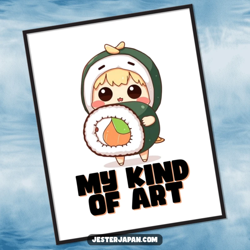 Funny poster of a cute anime character with a surprised expression holding an enormous sushi roll, adding humor to decor.