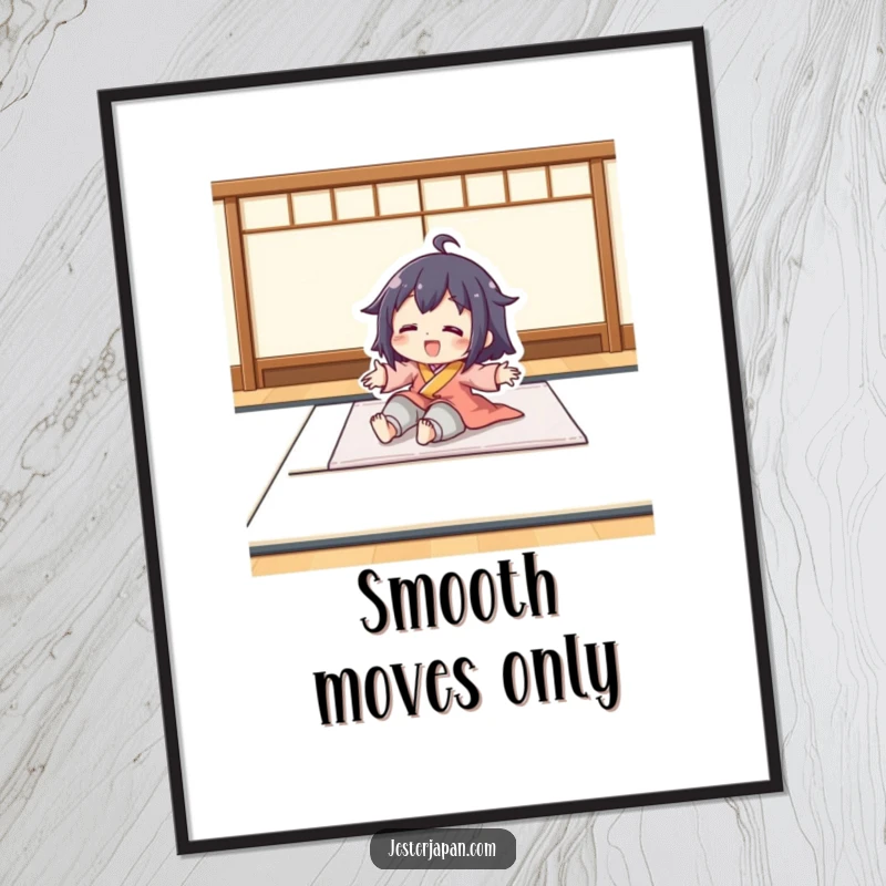 Funny poster illustrating a character playfully sliding smoothly on a tatami mat. Adds a sense of fun, relaxation, and cultural aesthetic.