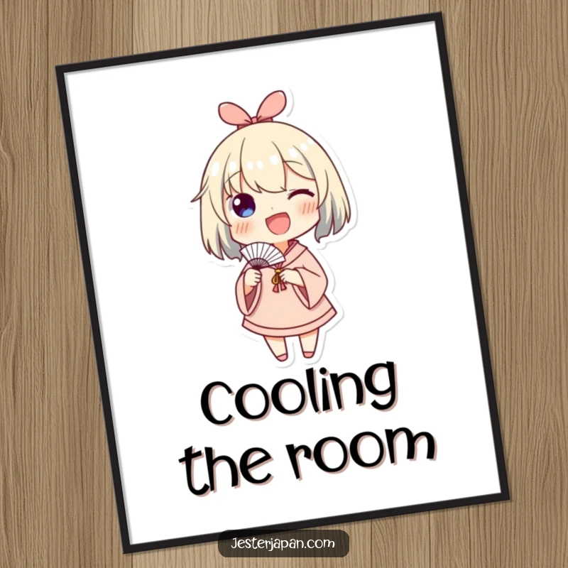 Funny poster artwork of a character enthusiastically waving a small paper fan, creating a vibrant and humorous scene of happiness.