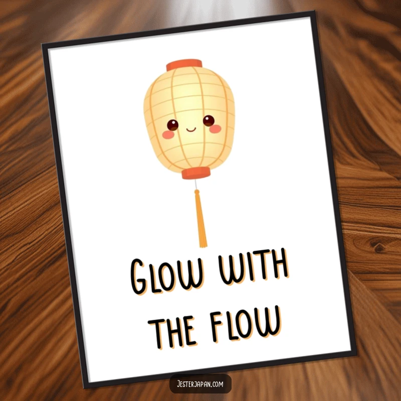 Funny art print of a cute paper lantern character floating serenely with a soft, warm glow, radiating peace.