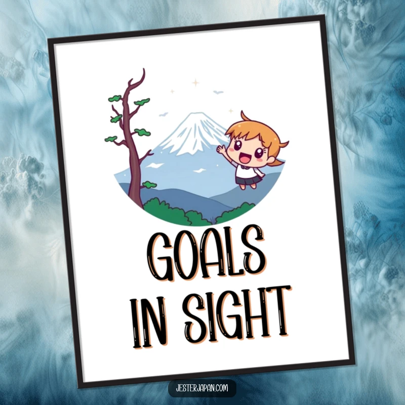 Funny poster depicting a character pointing towards a stylized Mount Fuji, perfect wall decor for adventurers.