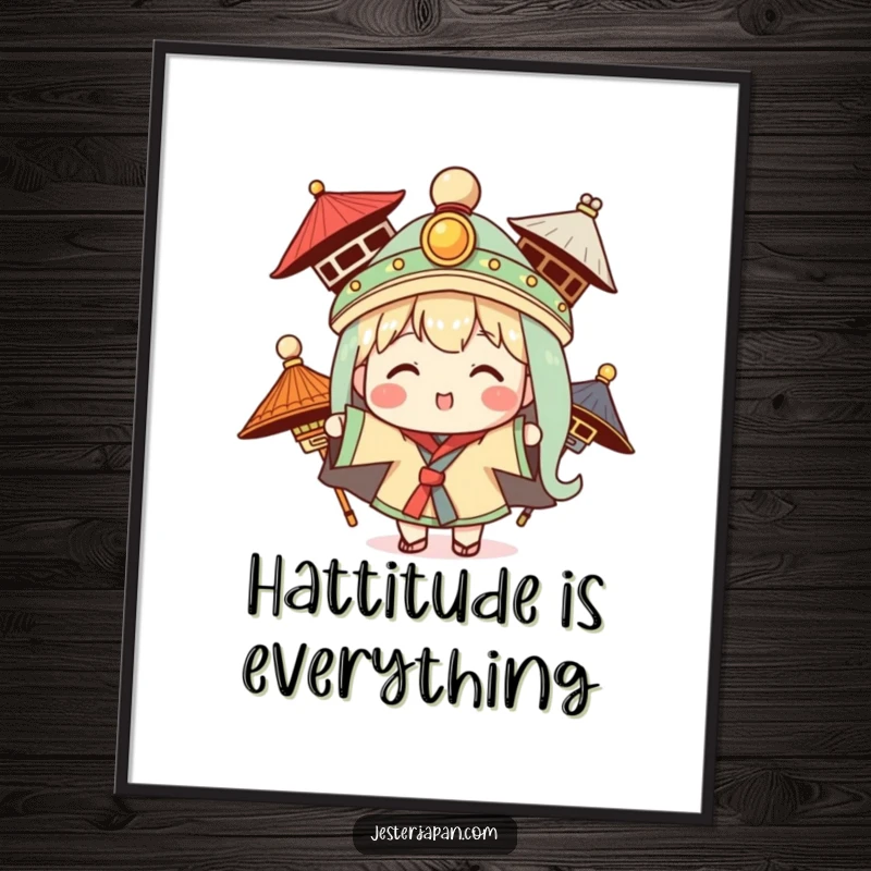 Funny poster of a Kawaii character enthusiastically trying on various traditional hats, adding artistic flair.