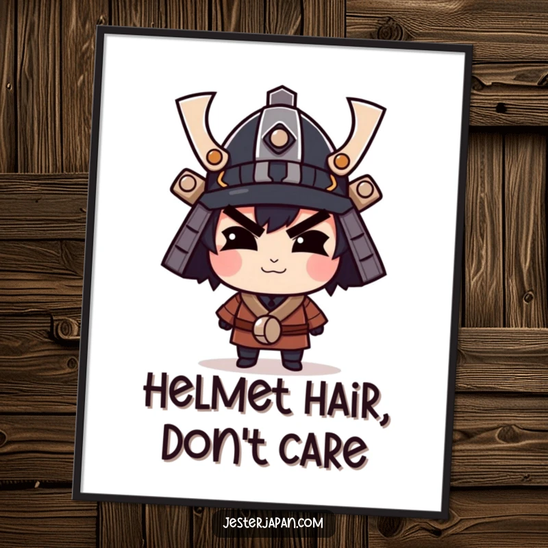 Funny poster art of a character with a confident smirk wearing a tiny samurai helmet, exuding playful authority.