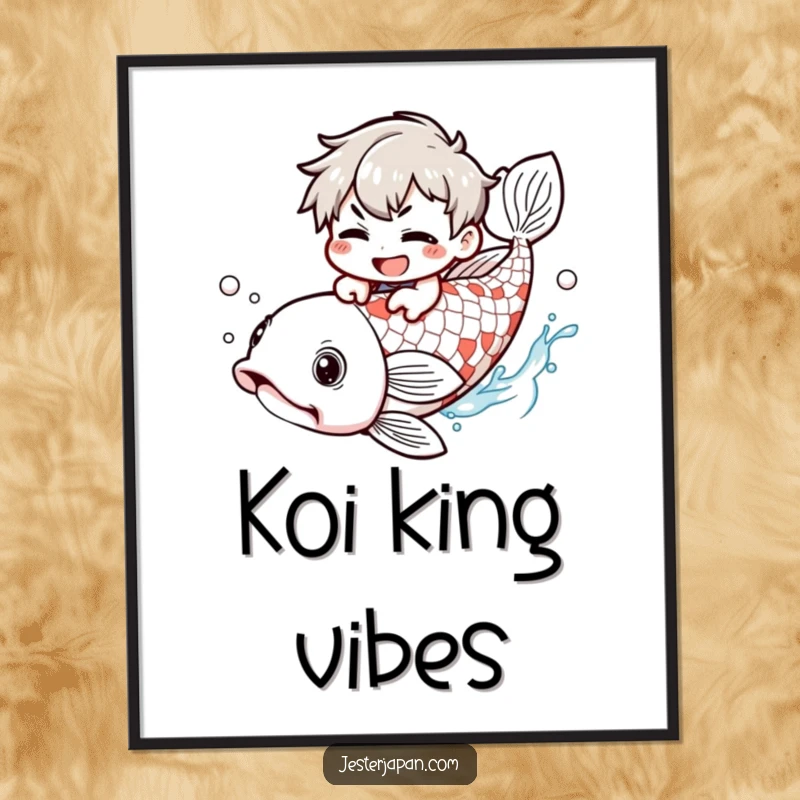 Funny Poster: Kawaii character with a mischievous grin riding a giant koi fish, creating a whimsical and humorous scene.