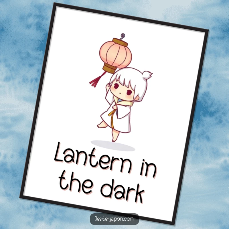 Funny poster displaying a character playfully balancing a small, stylized paper lantern, capturing a moment of lighthearted skill.