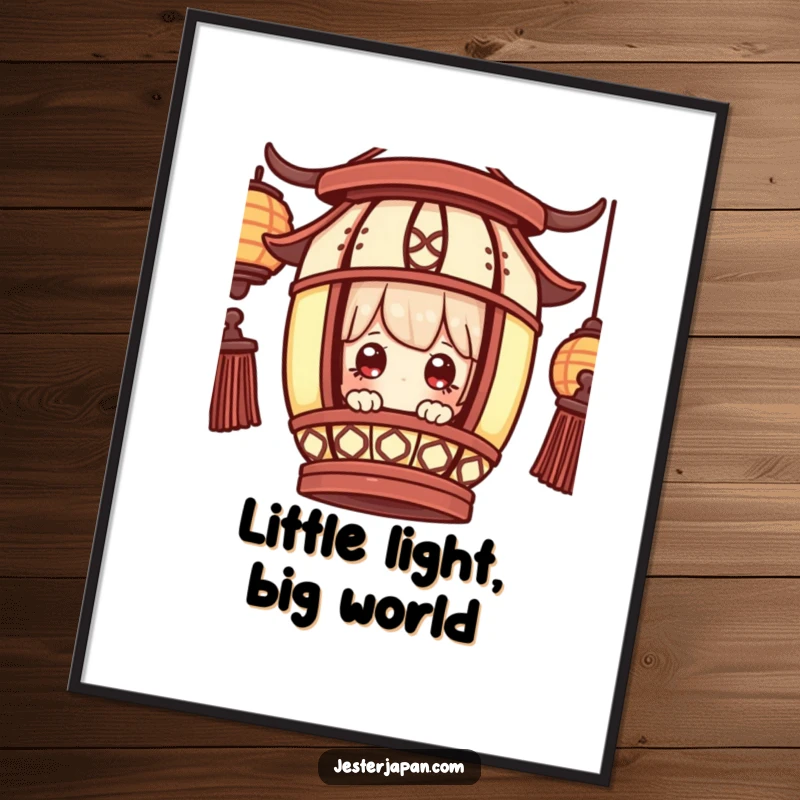 Funny Poster: Little character peeking from a traditional lantern, eyes wide with wonder, creating a scene of enchantment.
