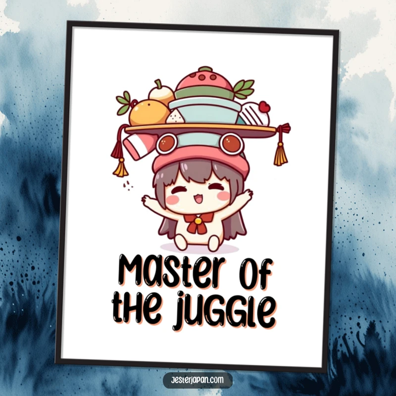 Funny Kawaii poster of a cute character humorously attempting to balance many items on its head, creating a delightful and relatable visual.