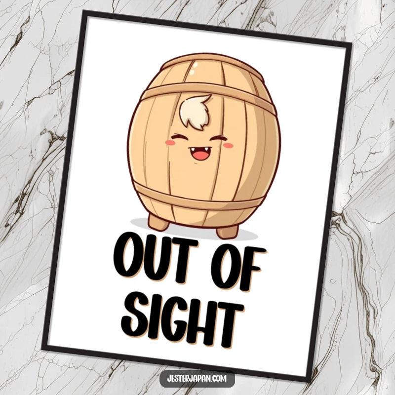 Funny poster of a mischievous character hiding behind a large sake barrel, inviting viewers into a playful secret.
