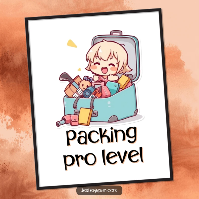 Funny poster of a Kawaii character humorously packing a suitcase with items overflowing, ideal for travel-themed decor.