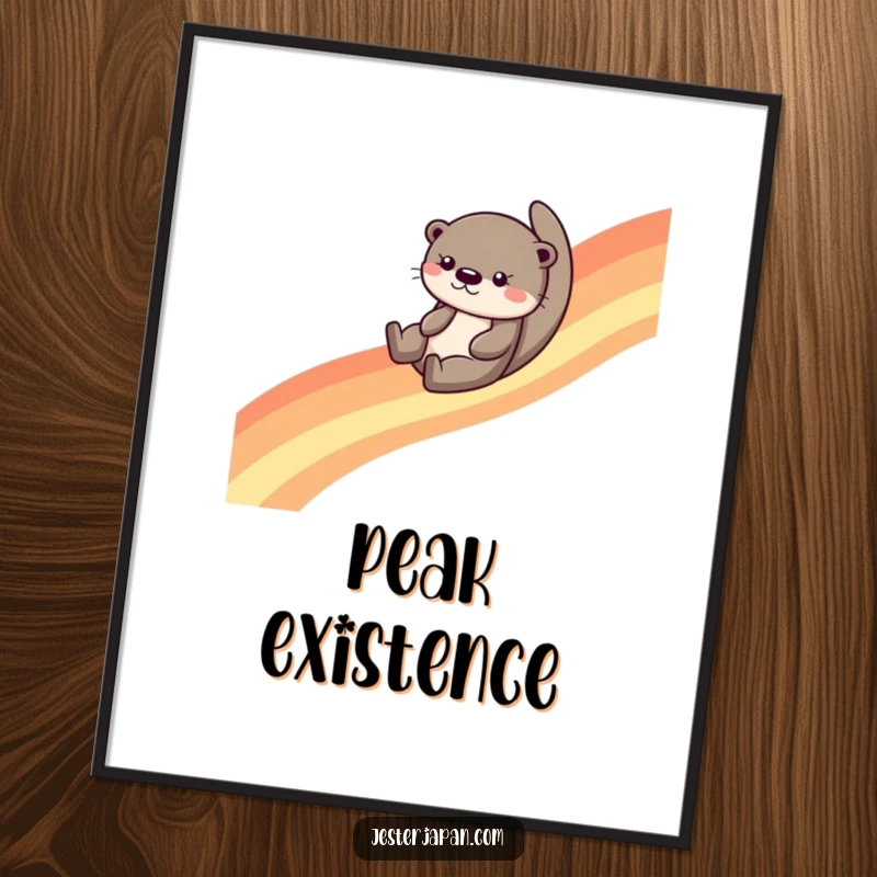 Funny otter character gleefully sliding down a brilliant rainbow, presented as vibrant wall art, bringing joy and color.