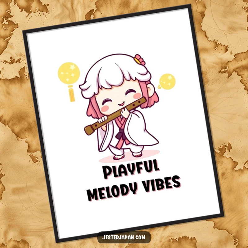 Funny poster of a Kawaii character happily playing a Japanese flute, adding artistic flair to walls.