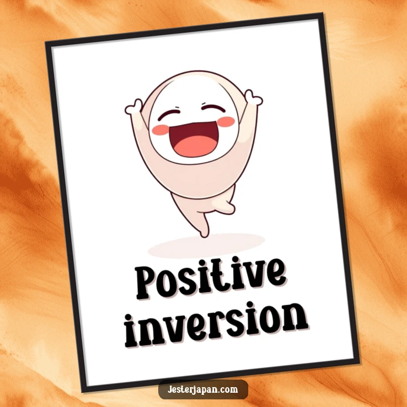Funny poster of a Daruma doll character joyfully doing a handstand while floating, adding motivational art.