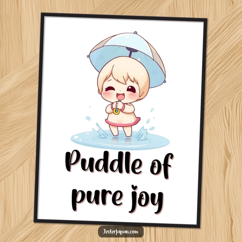 Funny Poster: Happy character holding a small umbrella, enjoying a joyful splash in a puddle.