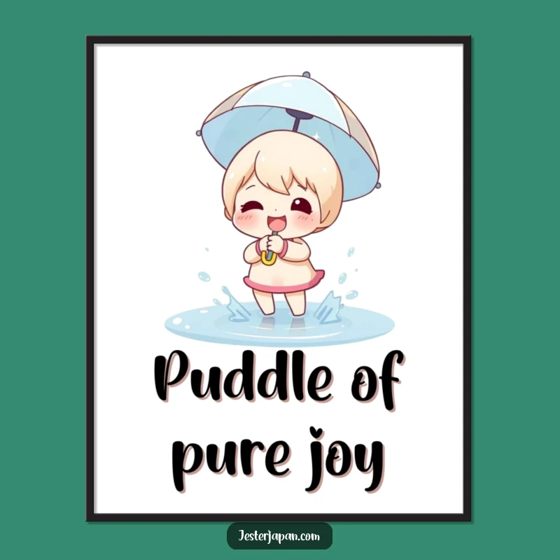 Funny Puddle Splashing Poster: Joyful Character's Umbrella Art for Cheerful Decor