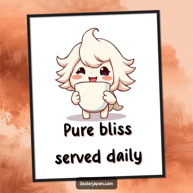 Funny poster of a character with a huge, beaming smile holding a steaming cup, perfect for adding cheerful decor.