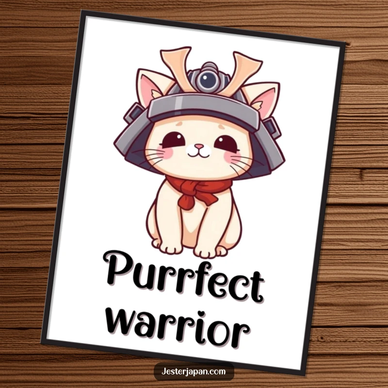 Funny Kawaii cat samurai poster depicting a cute feline character sporting a tiny samurai helmet, bringing playful warrior aesthetics.
