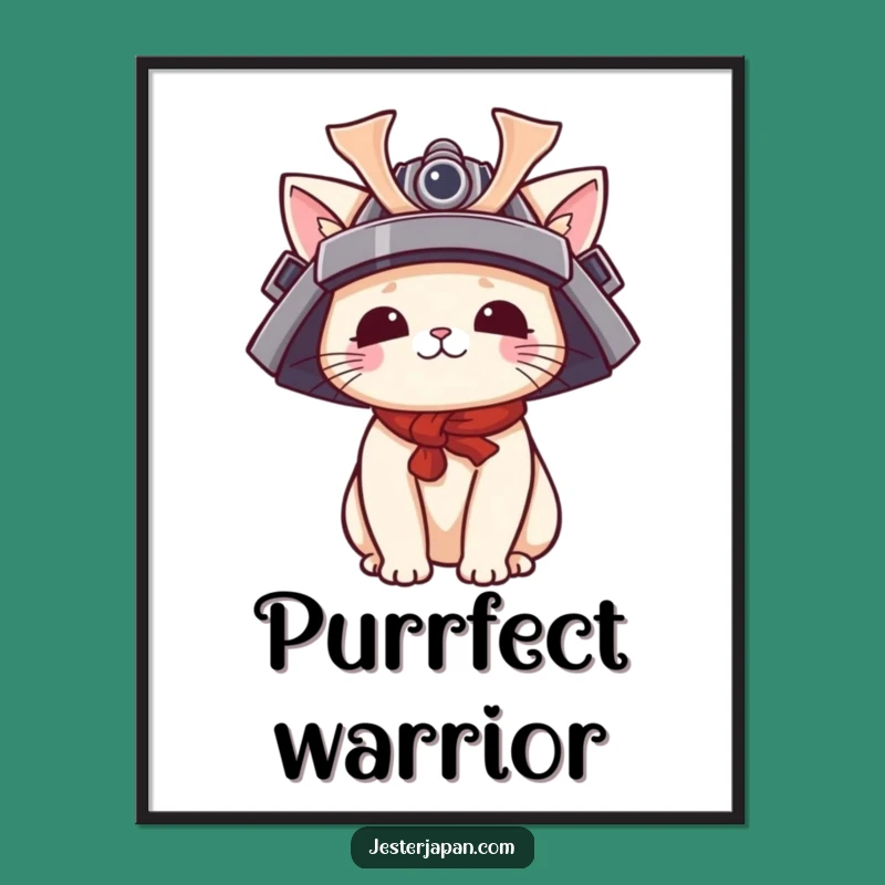 Funny Cat Samurai Poster: Kawaii Helmet Art, Quirky Wall Decor Funny Gift