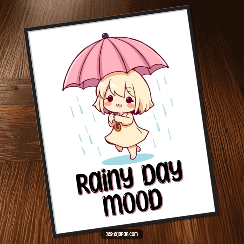 Funny Tiny Dancer Poster: Whimsical art of a tiny character joyfully dancing in playful rain with a miniature umbrella, adding cheer to any space.