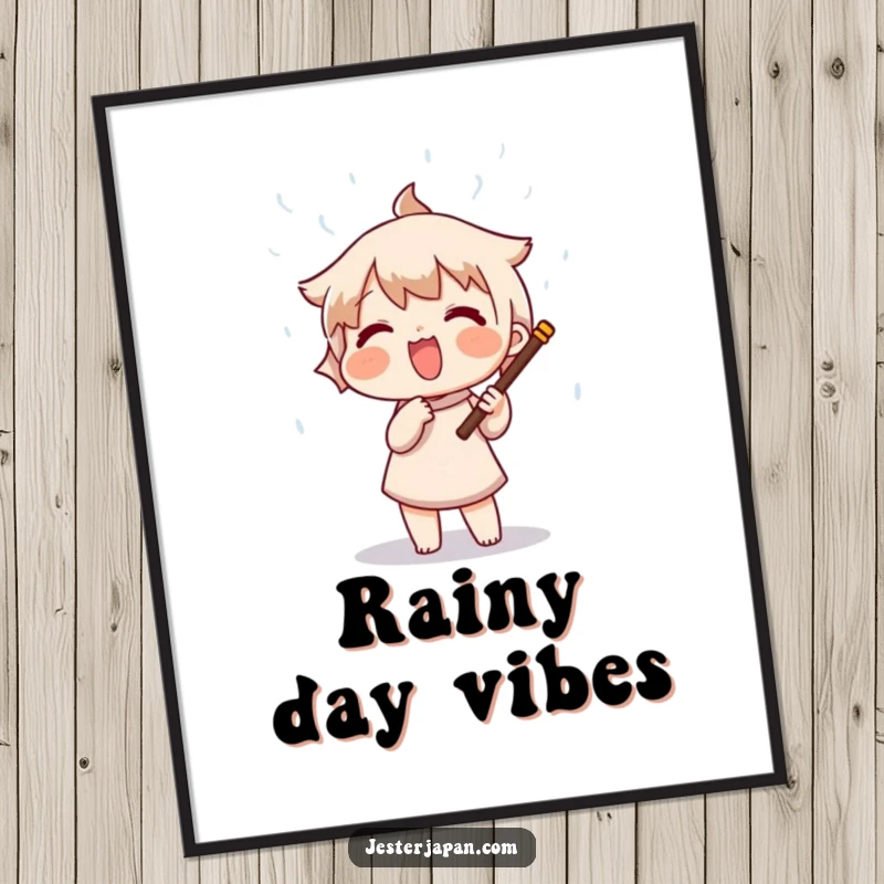 Funny poster illustrating a character enthusiastically shaking a rain stick, producing a whimsical, colorful shower of beads, evoking peace and joy.