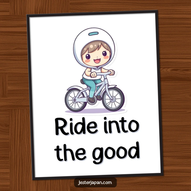 Funny Poster: Character with a bright smile, joyfully riding a small, playful bicycle.