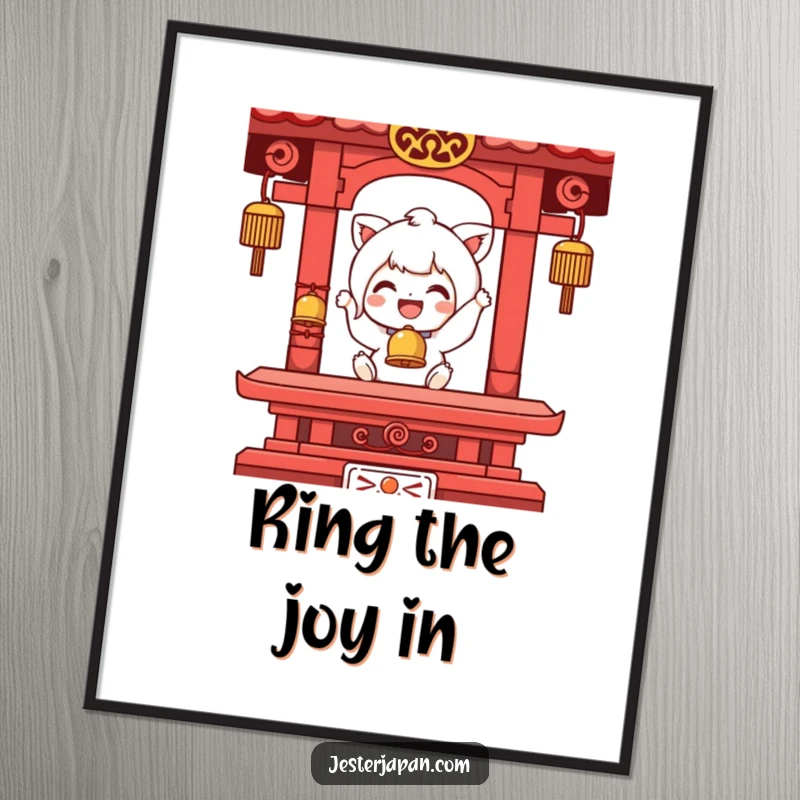 Funny poster art featuring a character joyfully ringing a miniature temple bell, radiating serene happiness and peaceful vibes on your wall.