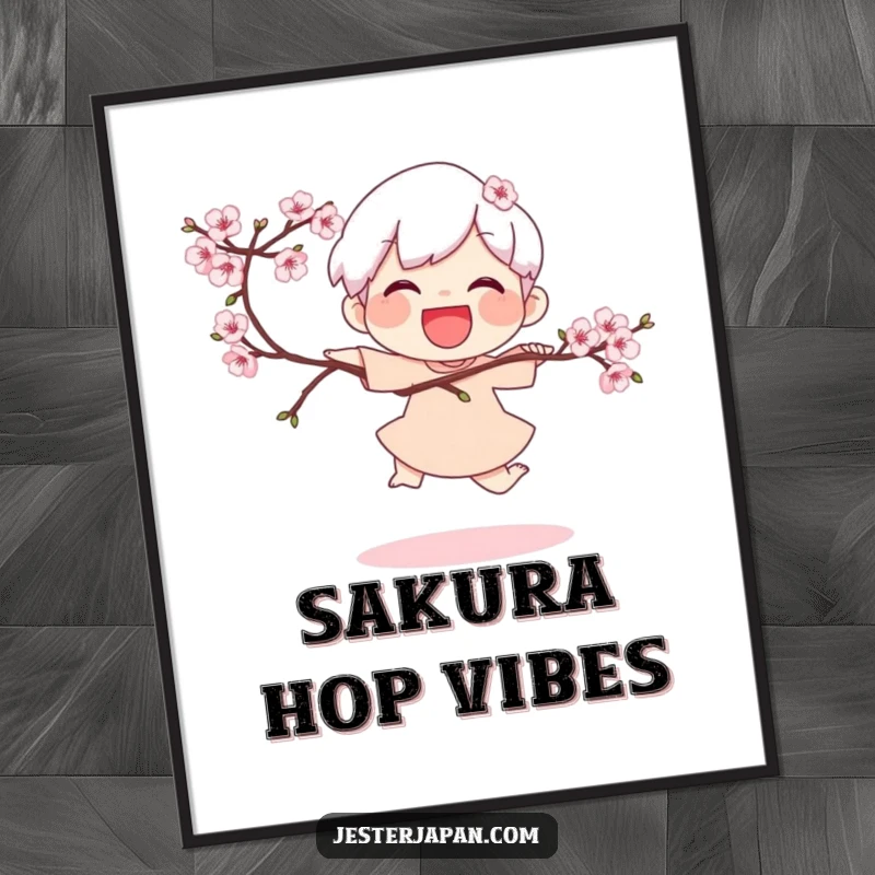 Funny Poster: Joyful character doing a playful hop while holding a blooming cherry branch, creating a scene of spring happiness.