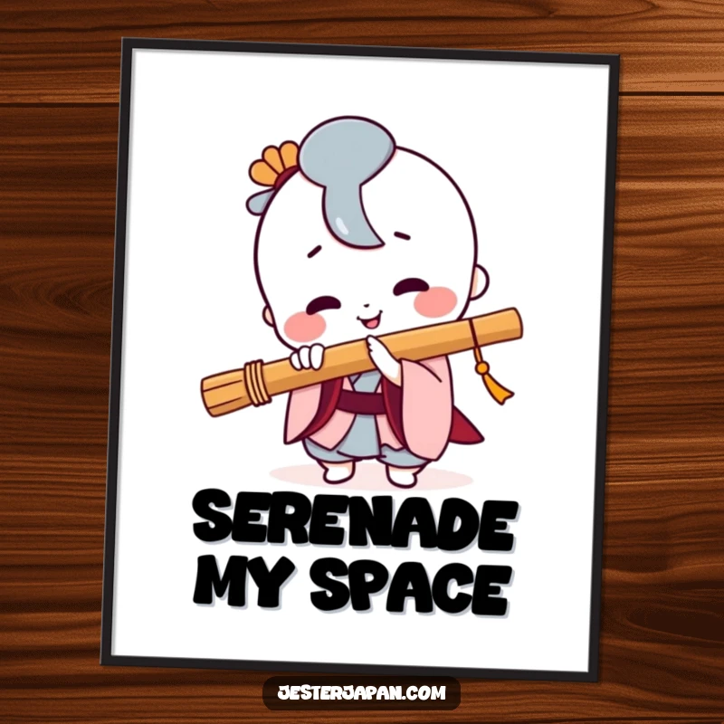 Funny Kawaii poster showcasing a happy character playing a Japanese flute with a wide, joyful smile and musical notes.