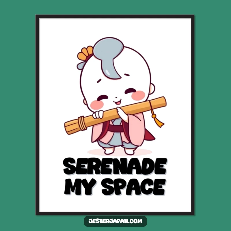 Funny Kawaii Flute Player Poster: Charming Japanese Character Art for Wall Decor
