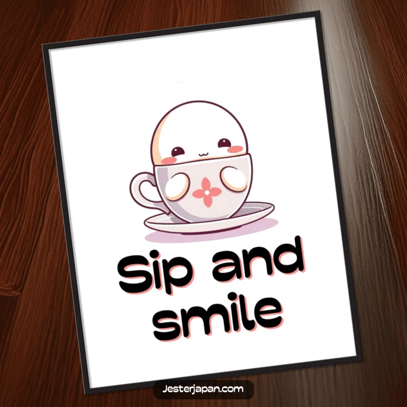 Funny Kawaii character sipping poster, depicting a steaming cup and contented enjoyment for a cozy feel.