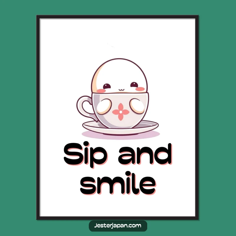 Funny Kawaii Sipping Poster: Cozy Character Art for a Relaxing Space