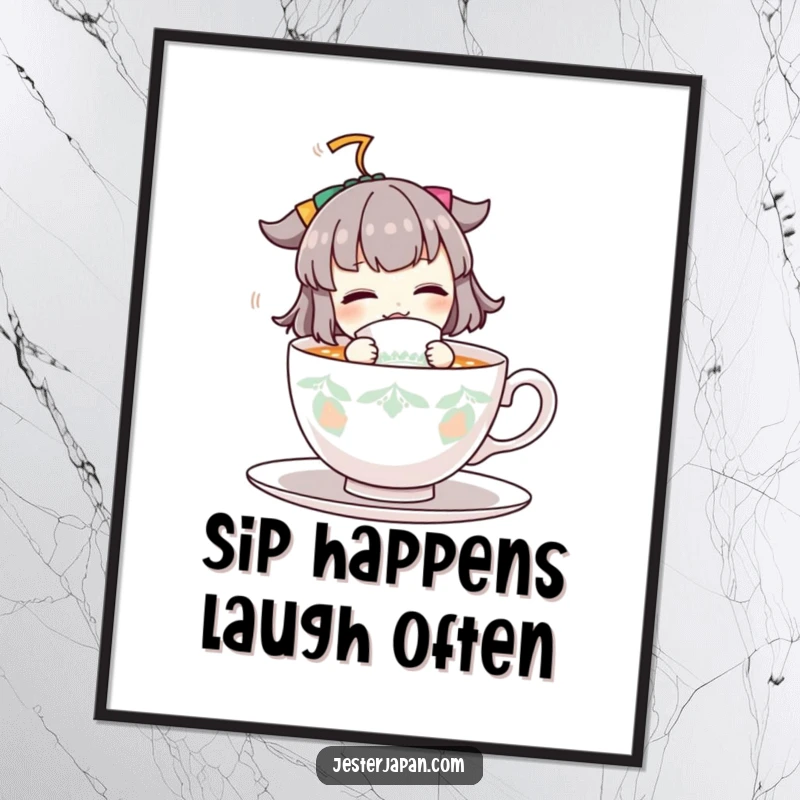 Funny poster art of a hyperactive cartoon character intensely sipping from a huge teacup, radiating pure joy and caffeinated energy.