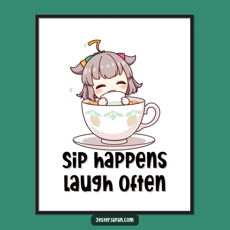 Funny Poster Print: Energetic Tea Sipper Character Art, Quirky & Hilarious Wall Decor