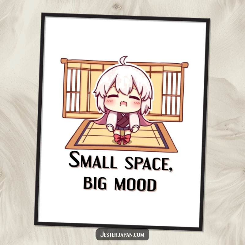 Funny poster displaying a character comically trying to fit onto a tiny Tatami mat, capturing a humorous and relatable moment.